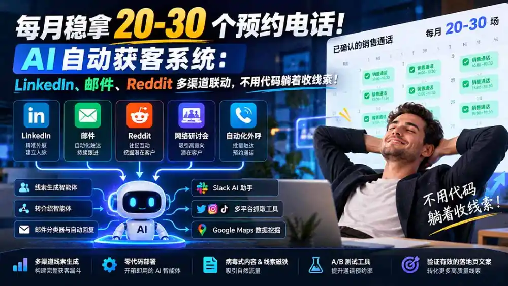 每月稳拿 20-30 个预约电话！AI 自动获客系统：LinkedIn、邮件、Reddit 多渠道联动，不用代码躺着收线索！-小行网创