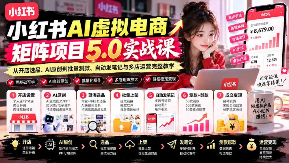 小红书AI虚拟电商矩阵5.0实战课:从开店选品、AI原创到批量测款、自动发笔记与多店运营完整教学-小行网创