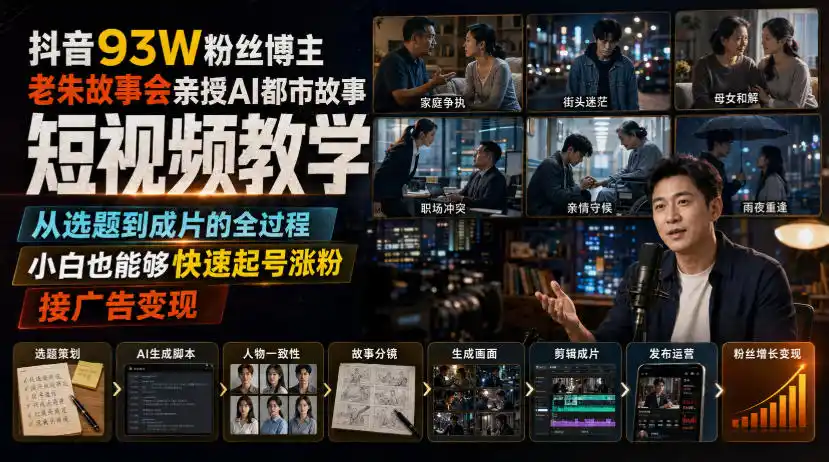 抖音93W粉丝博主老朱故事会亲授AI都市故事短视频教学,从选题到成片的全过程,小白也能够快速起号涨粉接广告变现-小行网创