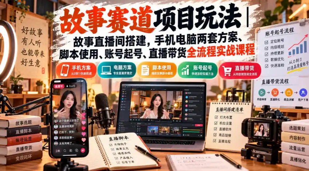 故事赛道项目玩法|故事直播间搭建,手机电脑两套方案、脚本使用、账号起号、直播带货全流程实战课程-小行网创
