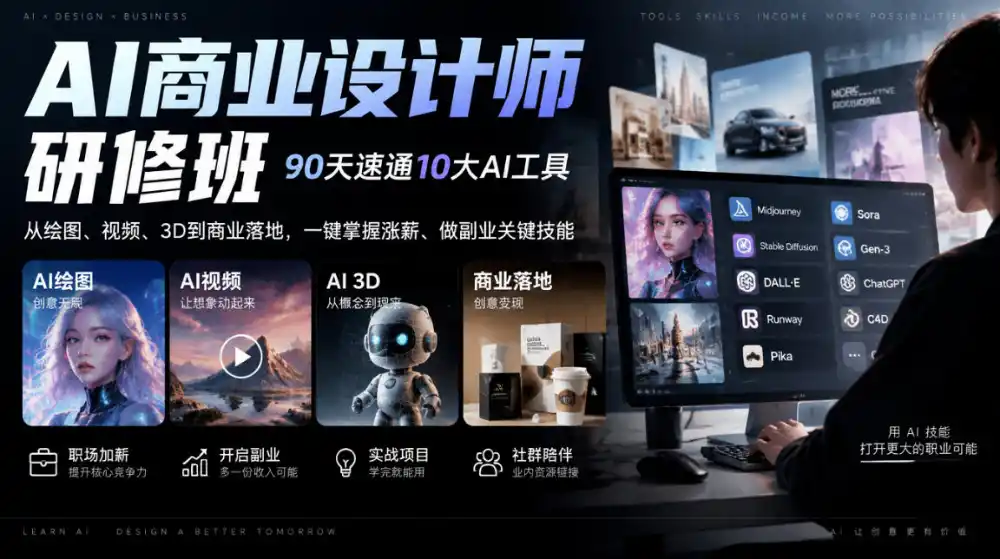 AI商业设计师研修班，90天速通10大AI工具，从绘图、视频、3D到商业落地，一键掌握涨薪、做副业关键技能-小行网创
