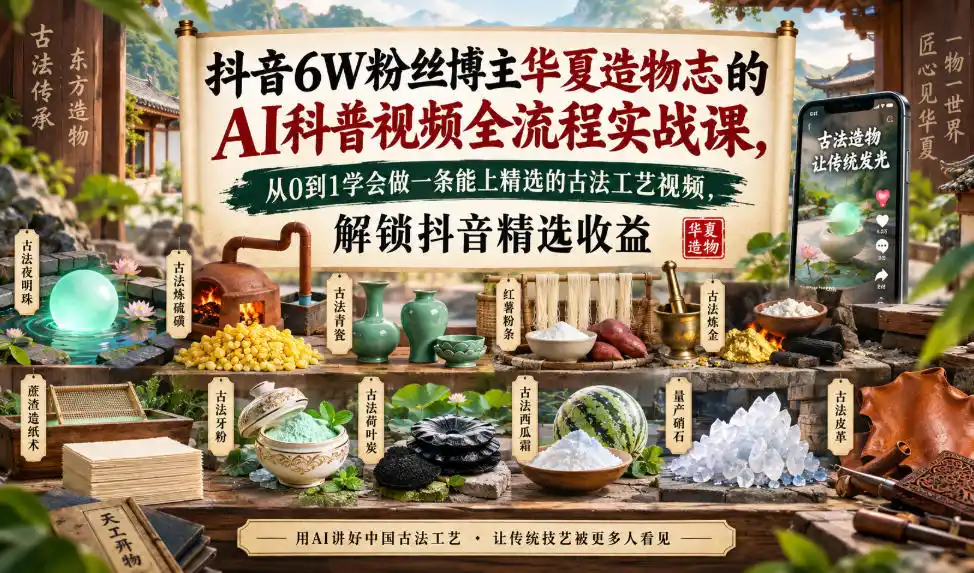 抖音6W粉丝博主华夏造物志的AI科普视频全流程实战课，从0到1学会做一条能上精选的古法工艺视频，解锁抖音精选收益-小行网创