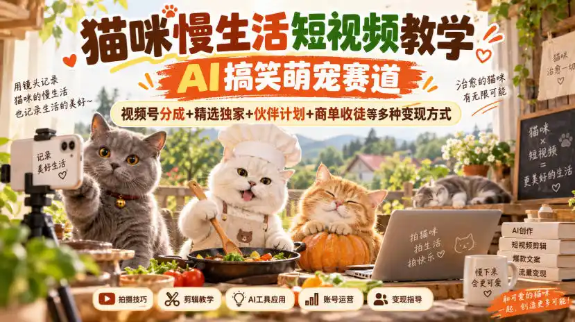 猫咪慢生活短视频教学，AI搞笑萌宠赛道，视频号分成+精选独家+伙伴计划+商单收徒等多种变现方式-小行网创