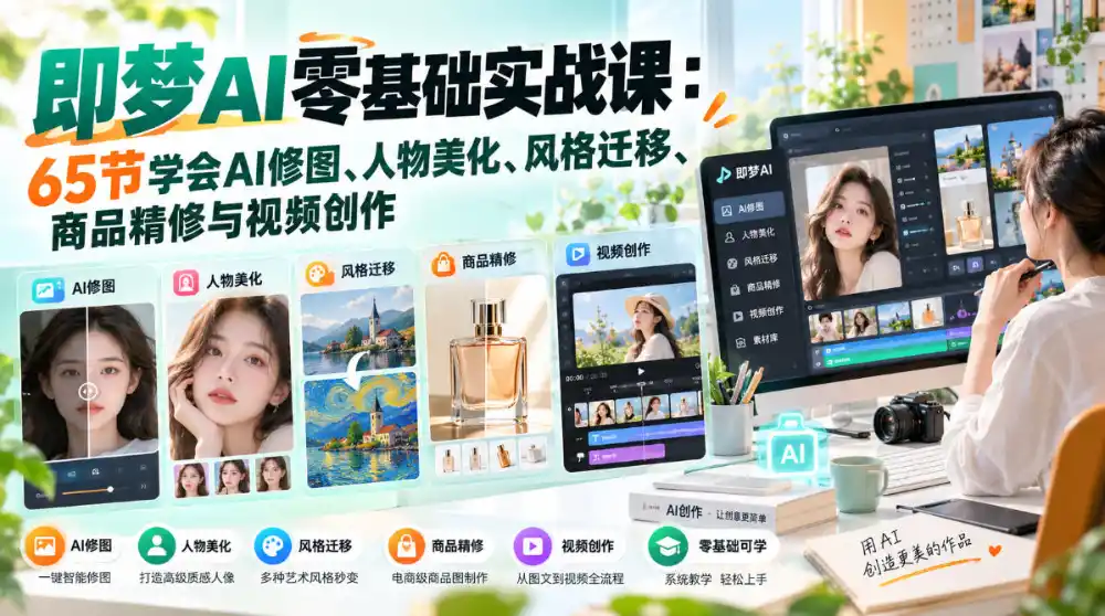 即梦AI零基础实战课：65节学会AI修图、人物美化、风格迁移、商品精修与视频创作-小行网创