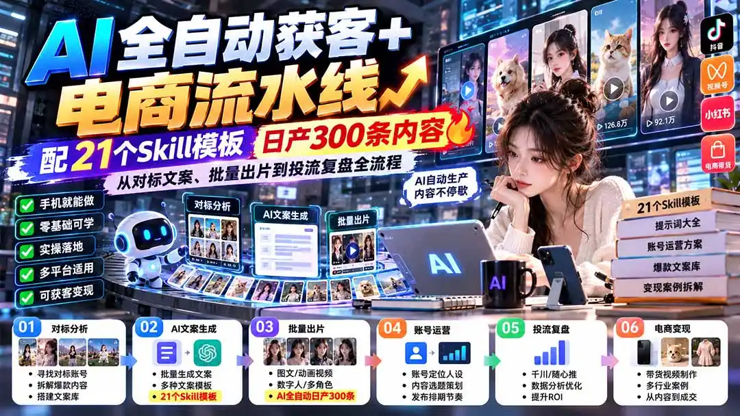 【无水印】AI全自动获客+电商流水线：配21个Skill模板，日产300条内容，从对标文案、批量出片到投流复盘全流程-小行网创
