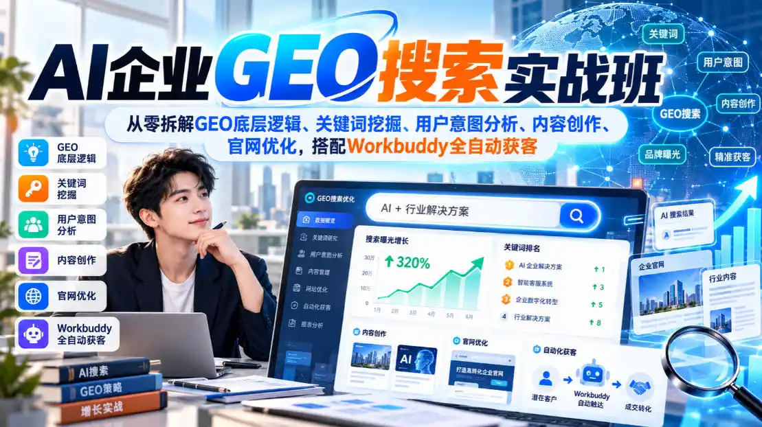 AI企业GEO搜索实战班，从零拆解GEO底层逻辑、关键词挖掘、用户意图分析、内容创作、官网优化，搭配Workbuddy全自动获客-小行网创