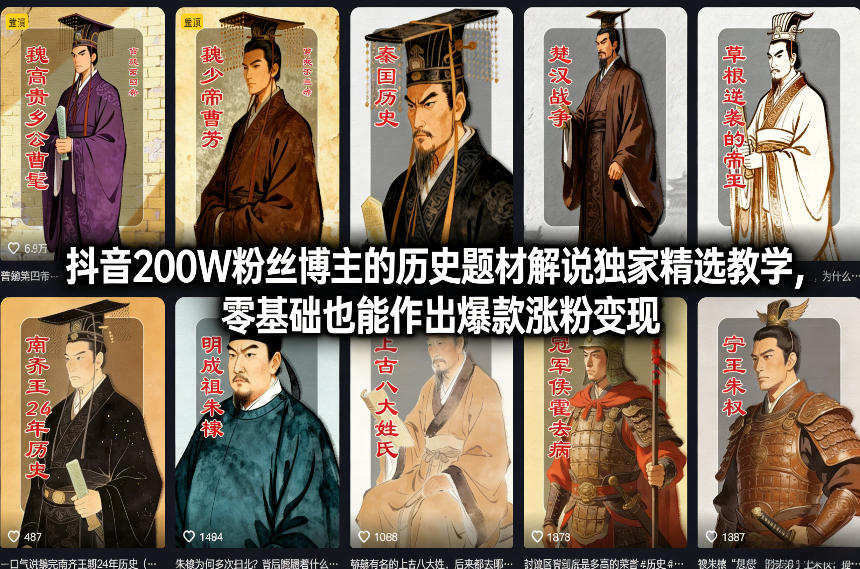 抖音200W粉丝博主的历史题材解说独家精选教学，零基础也能作出爆款涨粉变现-小行网创