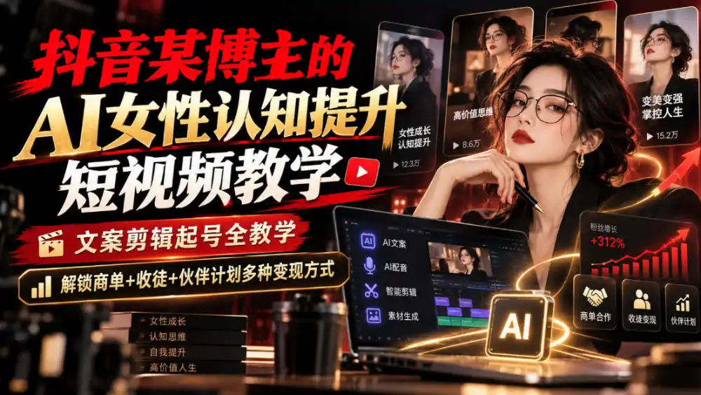 抖音某博主的Ai女性认知提升短视频教学,文案剪辑起号全教学,解锁商单+收徒+伙伴计划多种变现方式-小行网创