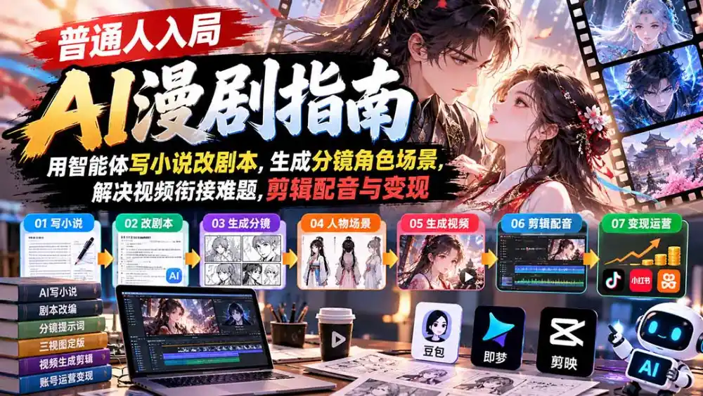 【无水印】普通人入局AI漫剧指南:用智能体写小说改剧本,生成分镜角色场景,解决视频衔接难题,剪辑配音与变现-小行网创