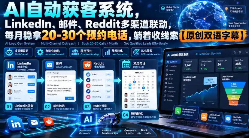 【无水印】AI自动获客系统，LinkedIn、邮件、Reddit多渠道联动，每月稳拿20-30个预约电话，躺着收线索【原创双语字幕】-小行网创