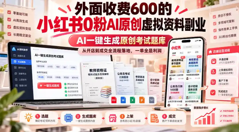 外面收费600的小红书0粉AI原创虚拟资料副业，AI一键生成原创考试题库，从开店到成交全流程落地，一单全是利润-小行网创