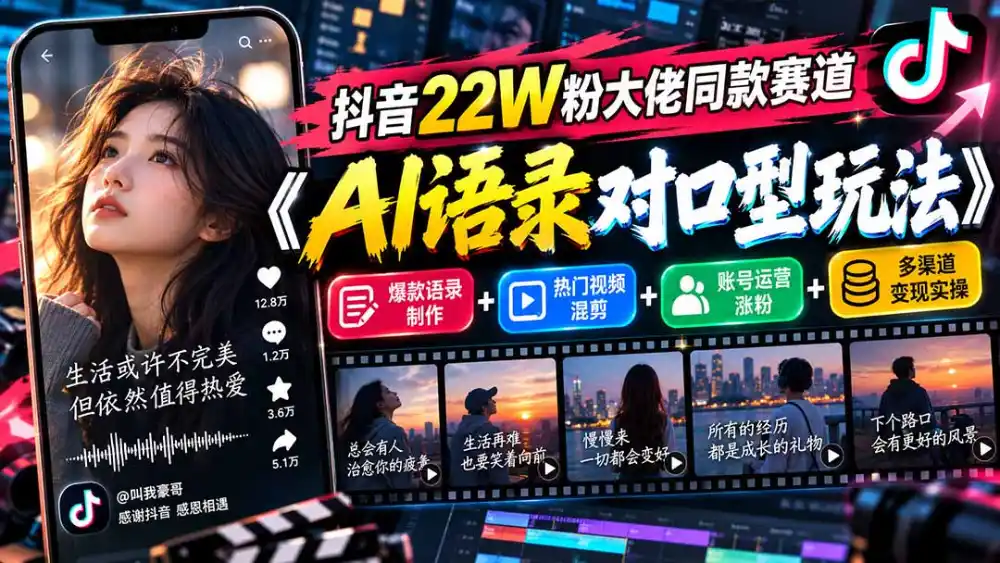 抖音22W粉大佬同款赛道《AI语录对口型玩法》：爆款语录制作+热门视频混剪+账号运营涨粉+多渠道变现实操-小行网创