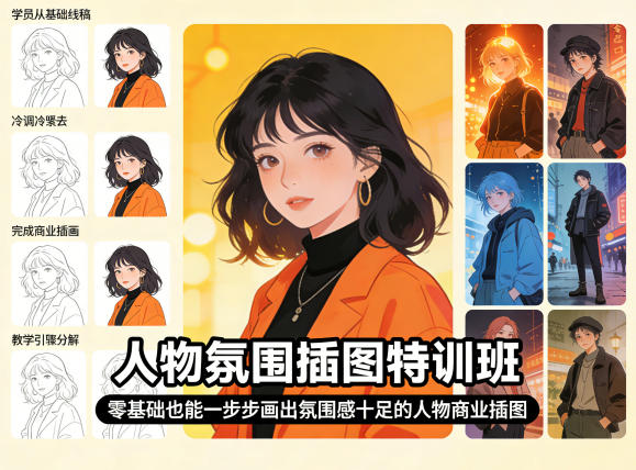 人物氛围插图特训班，零基础也能一步步画出氛围感十足的人物商业插图-小行网创