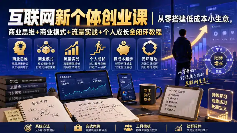 互联网新个体创业课|从零搭建低成本小生意,商业思维+商业模式+流量实战+个人成长全闭环教程-小行网创