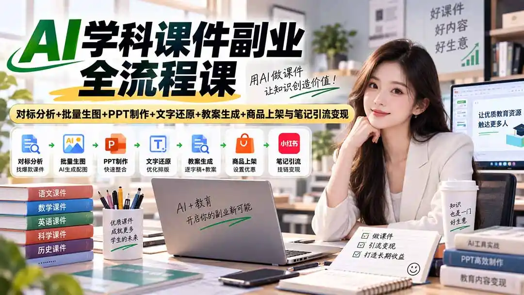 AI学科课件副业全流程课|对标分析+批量生图+PPT制作+文字还原+教案生成+商品上架与笔记引流变现-小行网创