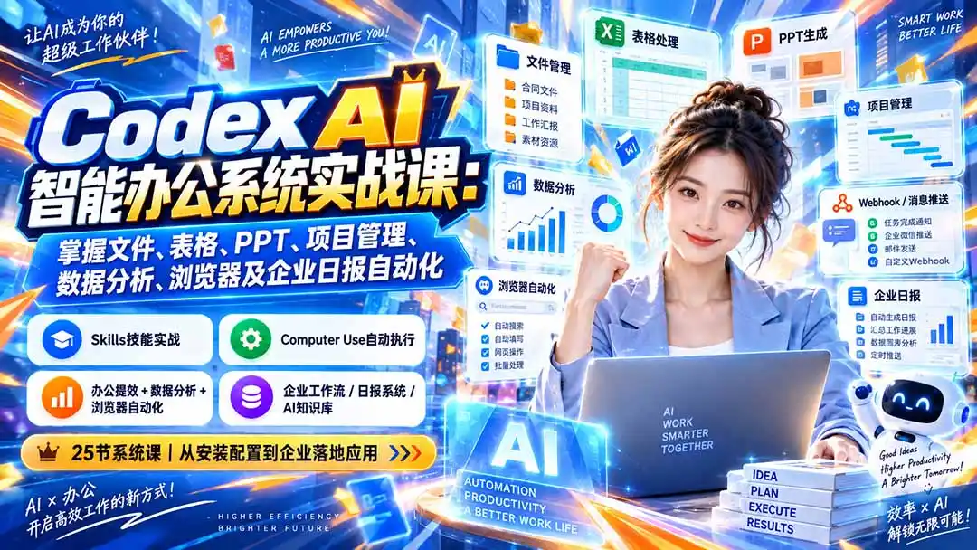 Codex AI智能办公系统实战课：掌握文件、表格、PPT、项目管理、数据分析、浏览器及企业日报自动化-小行网创