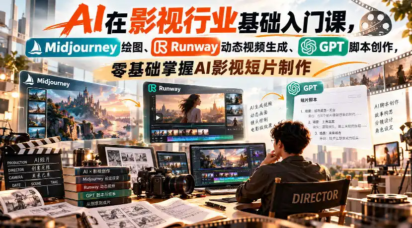 【无水印】AI在影视行业基础入门课，Midjourney绘图、Runway动态视频生成、GPT脚本创作，零基础掌握AI影视短片制作-小行网创