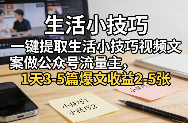 一键提取生活小技巧视频文案做公众号流量主,1天3-5篇爆文收益2-5张-小行网创