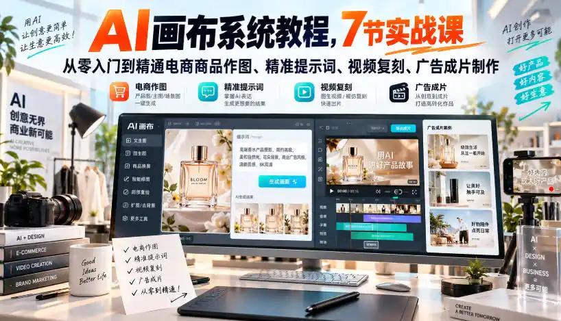 AI画布系统教程，7节实战课从零入门到精通电商商品作图、精准提示词、视频复刻、广告成片制作-小行网创