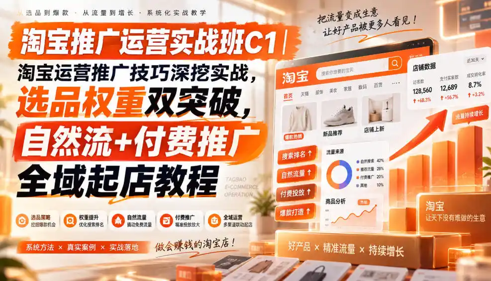 淘宝推广运营实战班C1|淘宝运营推广技巧深挖实战,选品权重双突破,自然流+付费推广全域起店教程-小行网创