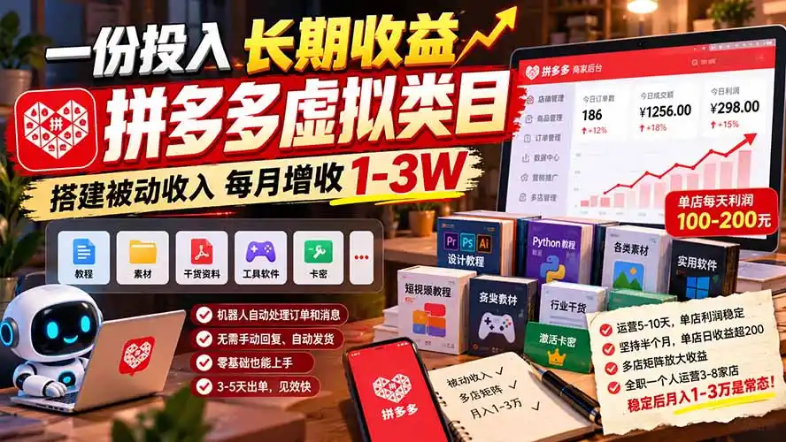 一份投入长期收益，拼多多虚拟类目，搭建被动收入每月增收 1-3W-小行网创