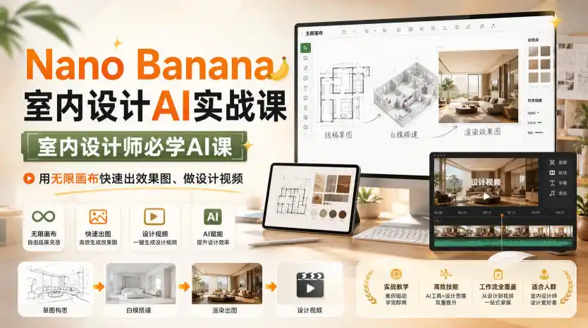 Nano Banana室内设计AI实战课,室内设计师必学AI课,用无限画布快速出效果图、做设计视频-小行网创