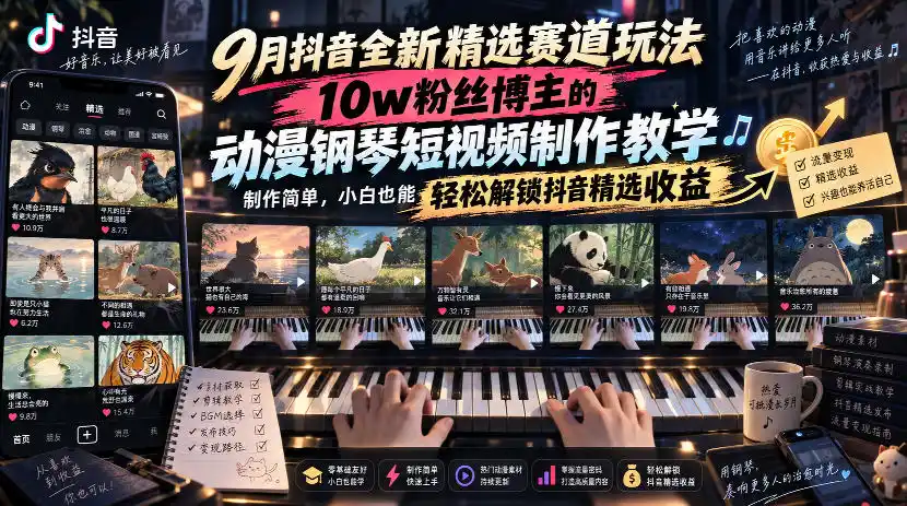 9月抖音全新精选赛道玩法,10w粉丝博主的动漫钢琴短视频制作教学,制作简单,小白也能轻松解锁抖音精选收益-小行网创