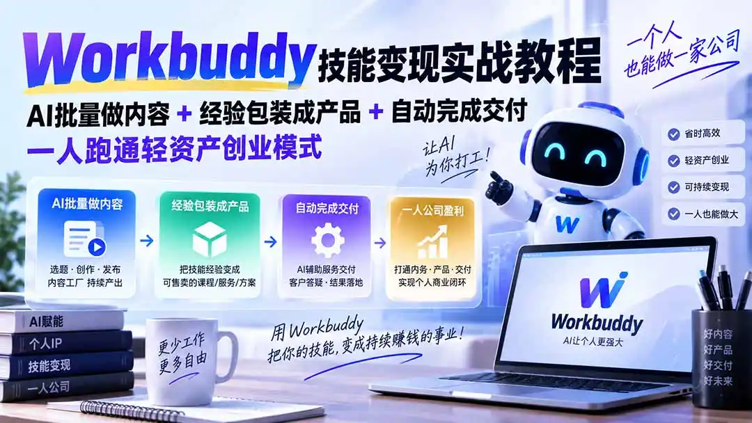 Workbuddy技能变现实战教程:AI批量做内容+经验包装成产品+自动完成交付,一人跑通轻资产创业模式-小行网创