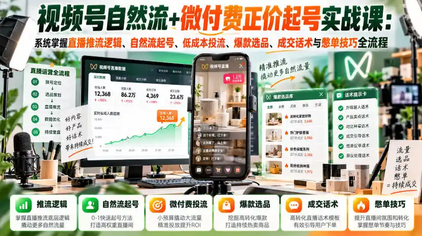 视频号自然流+微付费正价起号实战课：系统掌握直播推流逻辑、自然流起号、低成本投流、爆款选品、成交话术与憋单技巧全流程-小行网创