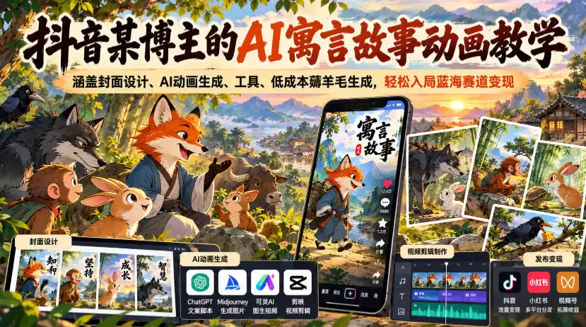 抖音某博主的AI寓言故事动画教学，涵盖封面设计、AI动画生成、工具、低成本薅羊毛生成，轻松入局蓝海赛道变现-小行网创