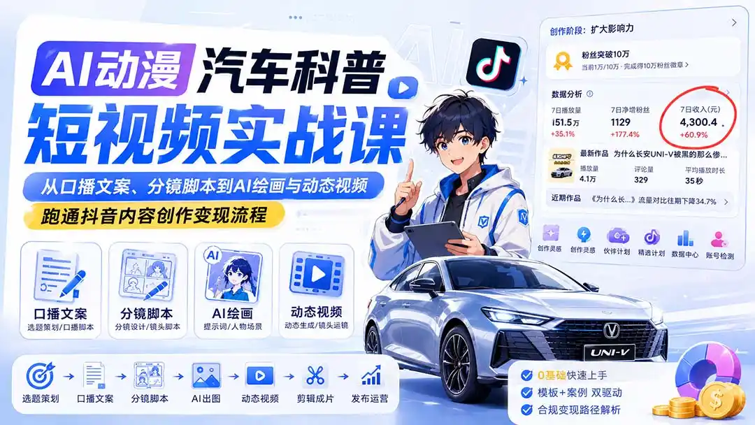 AI动漫汽车科普短视频实战课:从口播文案、分镜脚本到AI绘画与动态视频,跑通抖音内容创作变现流程-小行网创