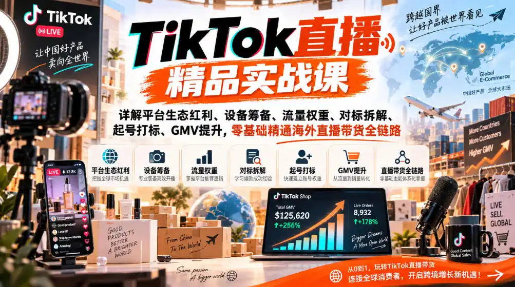 TikTok直播精品实战课,详解平台生态红利、设备筹备、流量权重、对标拆解、起号打标、GMV提升,零基础精通海外直播带货全链路-小行网创