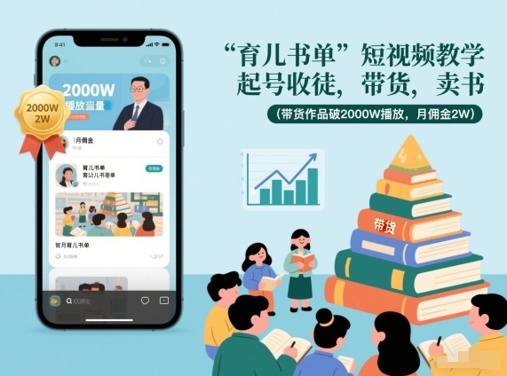 育儿书单短视频教学，起号收徒，带货，卖书(带货作品破2000W播放，月佣金2W)-小行网创