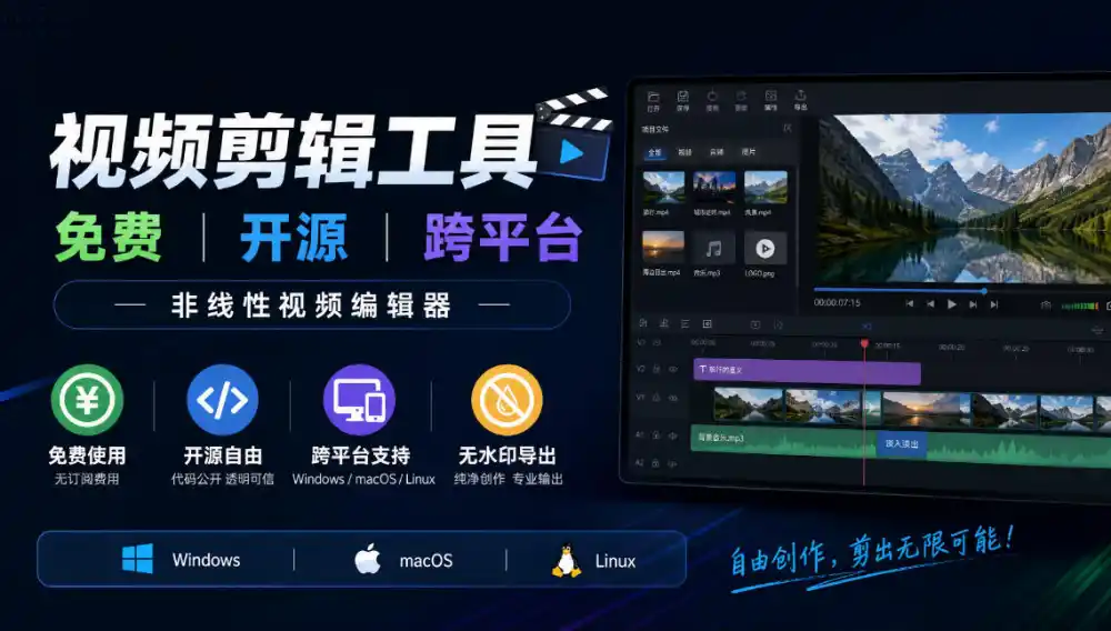 视频剪辑工具,免费、开源、跨平台,非线性视频编辑器,支持Windows、macOS、Linux,无水印、无订阅费用-小行网创
