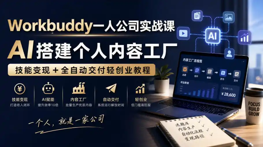 Workbuddy一人公司实战课,AI搭建个人内容工厂,技能变现+全自动交付轻创业教程-小行网创