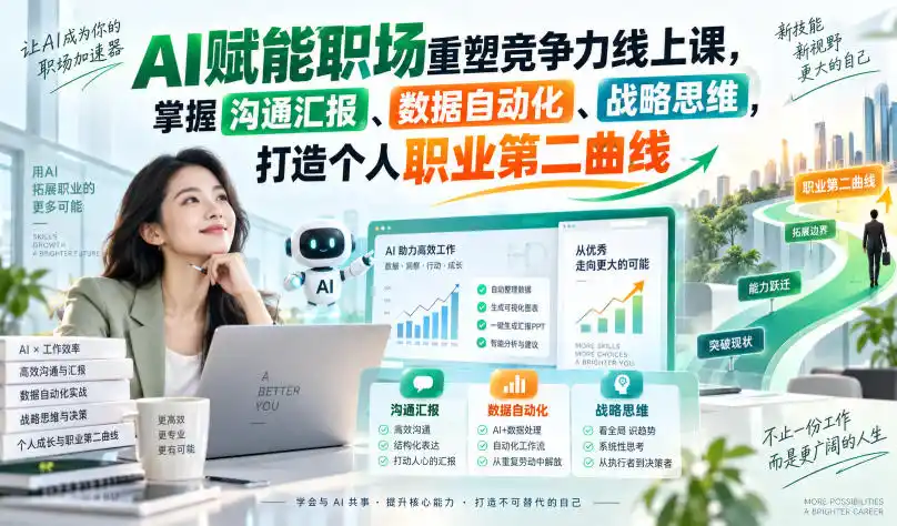 AI赋能职场重塑竞争力线上课，掌握沟通汇报、数据自动化、战略思维，打造个人职业第二曲线-小行网创