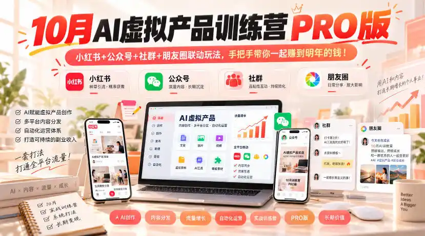 10月AI虚拟产品训练营PRO版,小红书+公众号+社群+朋友圈联动玩法,手把手带你一起赚到明年的钱!-小行网创