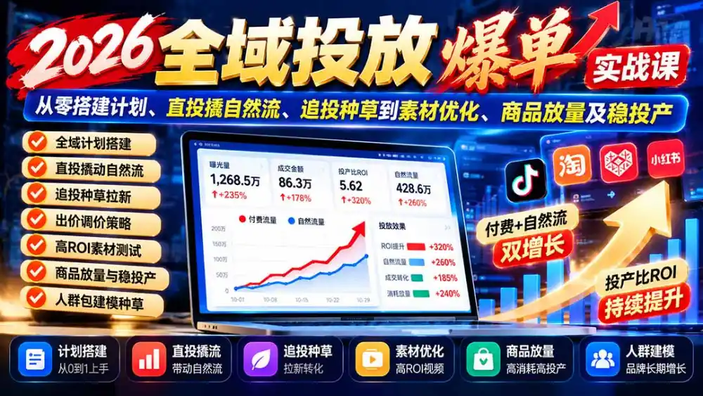 2026全域投放爆单实战课：从零搭建计划、直投撬自然流、追投种草到素材优化、商品放量及稳投产-小行网创