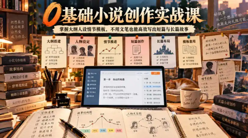 0基础小说创作实战课|掌握大纲人设情节模板,不用文笔也能高效写出短篇与长篇故事-小行网创