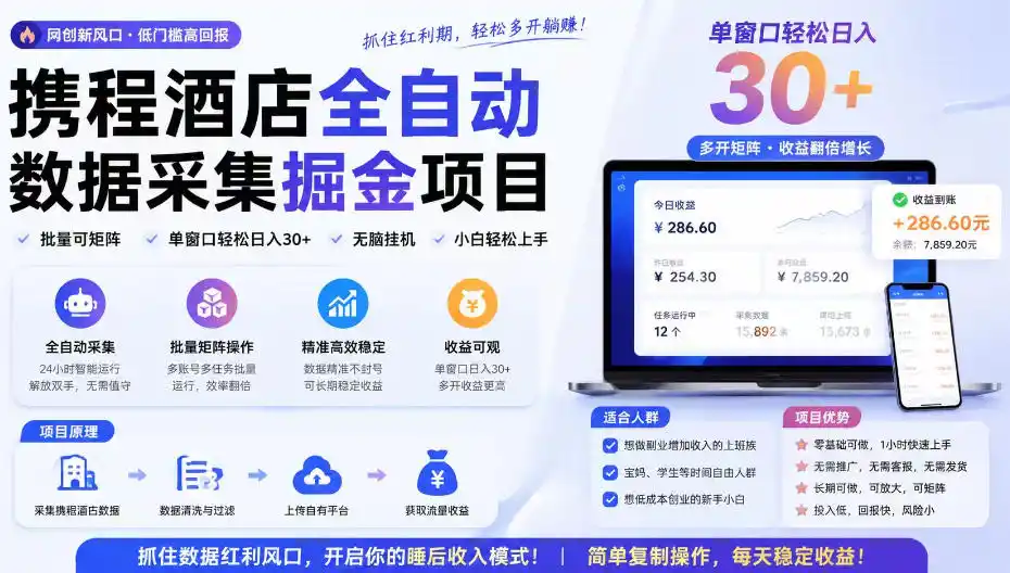 携程酒店采集挂G项目,批量可矩阵,单机轻松日入300+,开启你的睡后收入模式!【揭秘】-小行网创