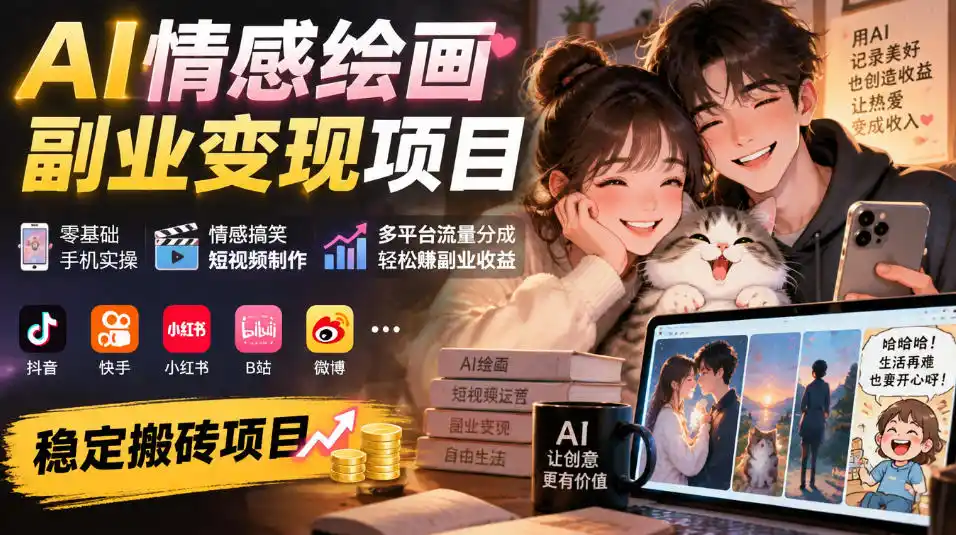 AI情感绘画副业变现项目｜零基础手机实操，情感搞笑短视频制作，多平台流量分成轻松賺副业收益-小行网创