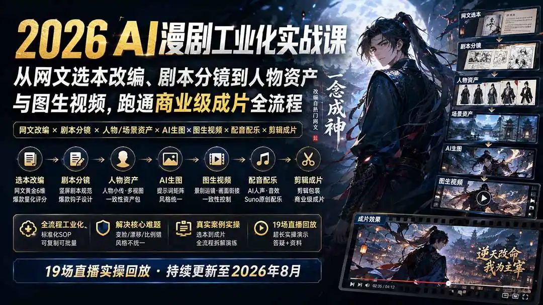 2026 AI漫剧工业化实战课-更新:从网文选本改编、剧本分镜到人物资产与图生视频,跑通商业级成片全流程-小行网创