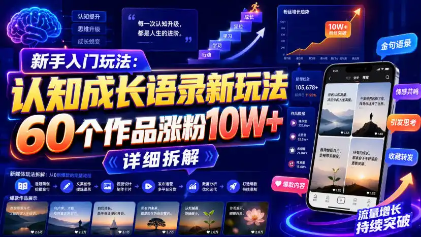 新手入门玩法:认知成长语录新玩法,60个作品涨粉10W+,详细拆解-小行网创