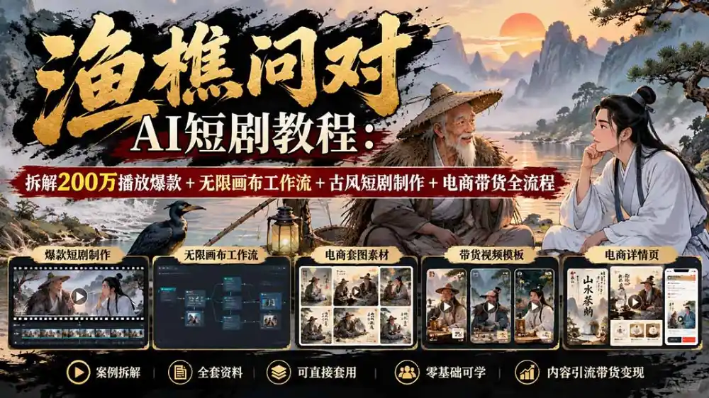 【无水印】渔樵问对AI短剧教程:拆解200万播放爆款+无限画布工作流+古风短剧制作+电商带货全流程-小行网创