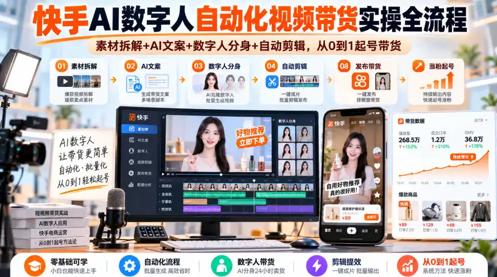 快手AI数字人自动化视频带货实操全流程｜素材拆解+AI文案+数字人分身+自动剪辑，从0到1起号带货(更新26年)-小行网创