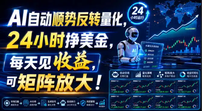 AI自动顺势反转量化,24小时挣美金,每天见收益,可矩阵放大!【揭秘】-小行网创