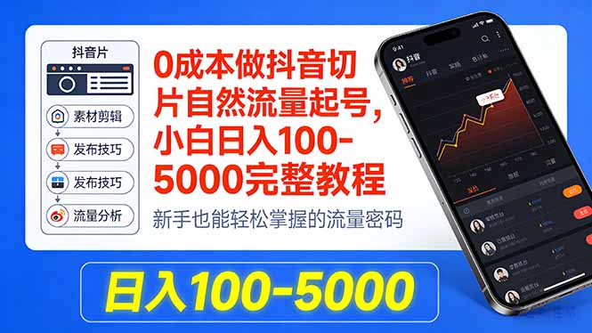 0成本做抖音切片自然流量起号，小白日入100-5000完整教程-小行网创