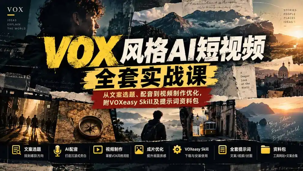 【无水印】VOX风格AI短视频全套实战课：从文案选题、配音到视频制作优化，附VOXeasy Skill及提示词资料包-小行网创