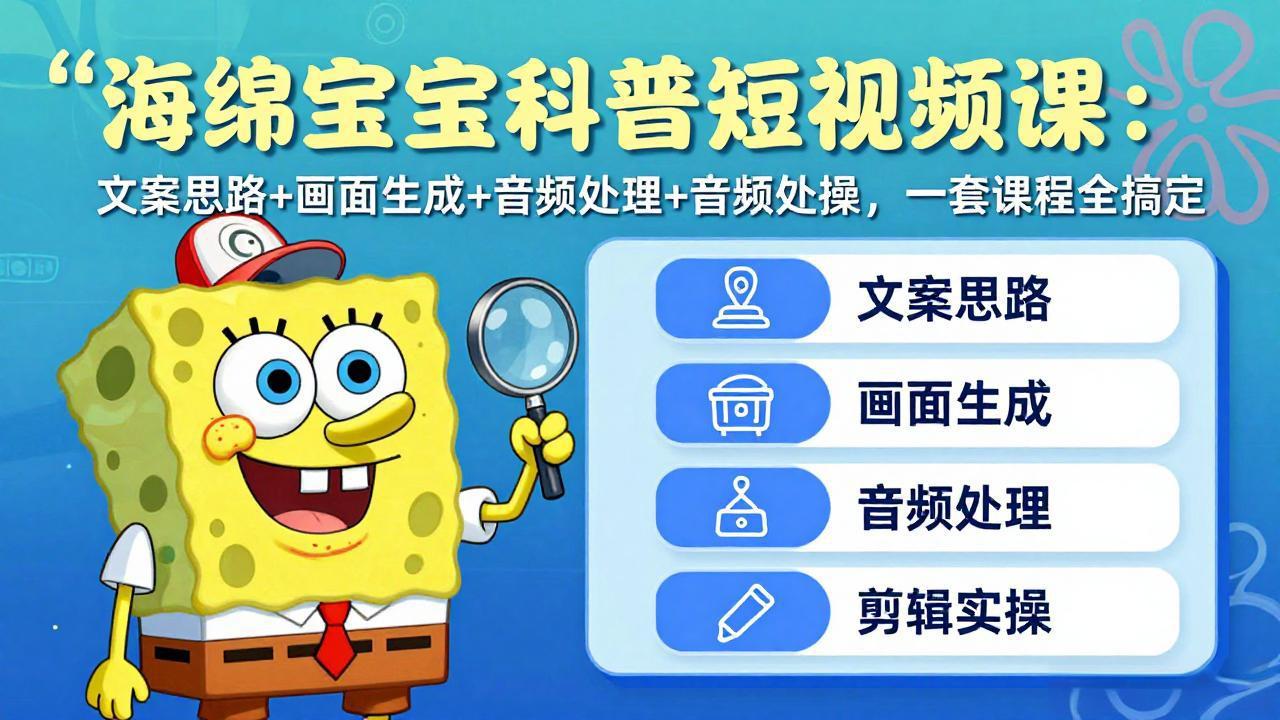 海绵宝宝科普短视频课：文案思路+画面生成+音频处理+剪辑实操，一套课程全搞定-小行网创