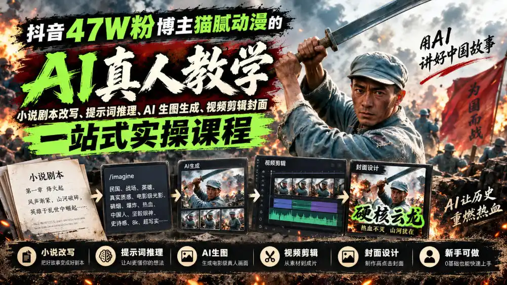 抖音47W粉博主猫腻动漫的AI真人漫剧教学,小说剧本改写、提示词推理、AI生图生成、视频剪辑封面一站式实操课程-小行网创